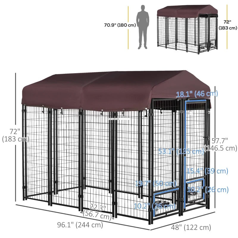 8' x 4' Steel Outdoor Dog Kennel with Rotating Food & Water Bowls, 6' Height & Canopy Cover