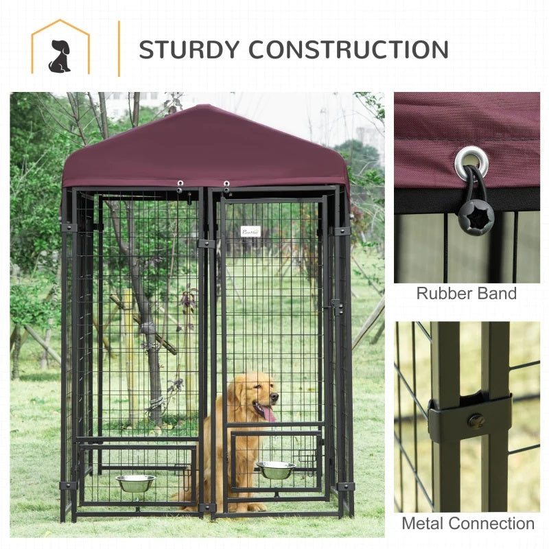 8' x 4' Steel Outdoor Dog Kennel with Rotating Food & Water Bowls, 6' Height & Canopy Cover