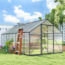 8 x 16 Greenhouse with a wooden ladder on a grassy area with plants and flowers.