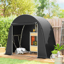 8 x 4 ft grey outdoor storage tent with garden tools inside, set against a garden backdrop.