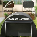 Grey portable shed with text highlighting upgraded materials including galvanized metal frame and 200gsm PE fabric.