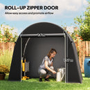 Grey roll-up zipper door on a portable shed with measurements, woman using a tool inside, outdoor setting.