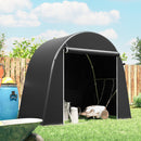8x4 grey portable garden shelter shed with gardening tools in a backyard setting
