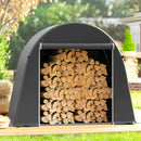8x4 ft grey firewood storage shed filled with wooden logs in a garden setting.