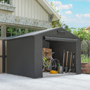  x 6 ft Gray outdoor portable storage shed with a bicycle, firewood, and gardening tools in a backyard setting.