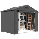 Portable storage shed for bicycles and motorcycles with open door showing shelves and items inside