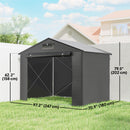 8x6ft portable garden storage shed with dimensions displayed on a grassy area with a house in the background.