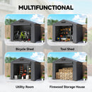 Multifunctional 8 x 6 ft portable storage shed with various uses including bicycle, tool, utility room, and firewood storage.