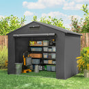 Portable 8 x 6 ft storage shed with shelves and storage bins outdoors on a sunny day.