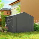 Portable storage shed in a garden setting with a house in the background