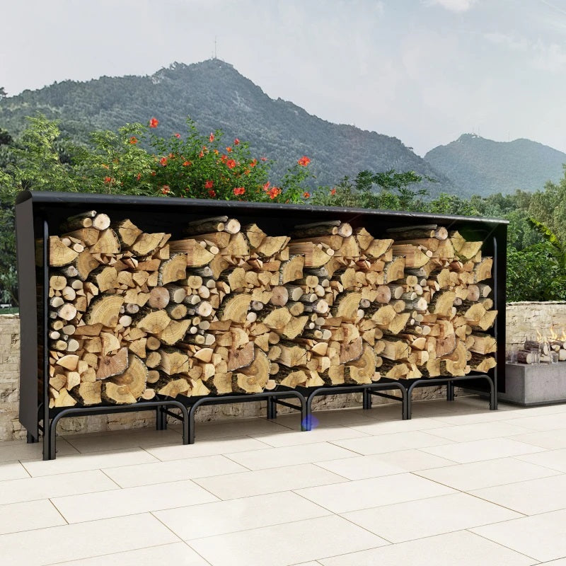 8ft Outdoor Firewood Storage Rack with Protective Cover and Log Carrier