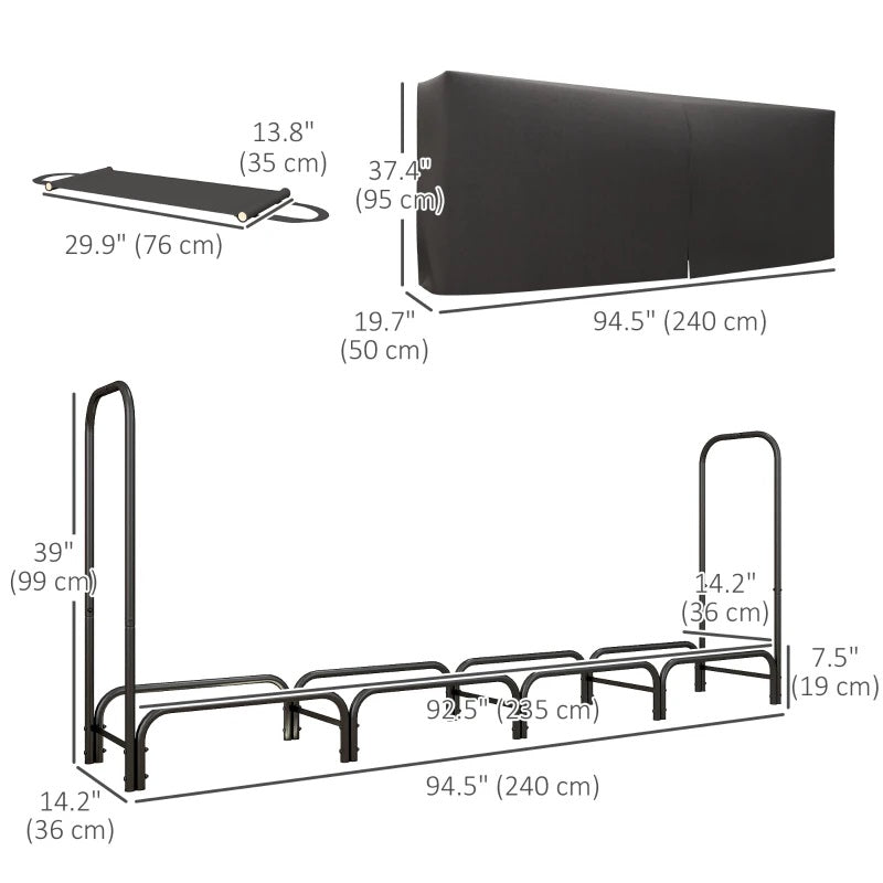 8ft Outdoor Firewood Storage Rack with Protective Cover and Log Carrier