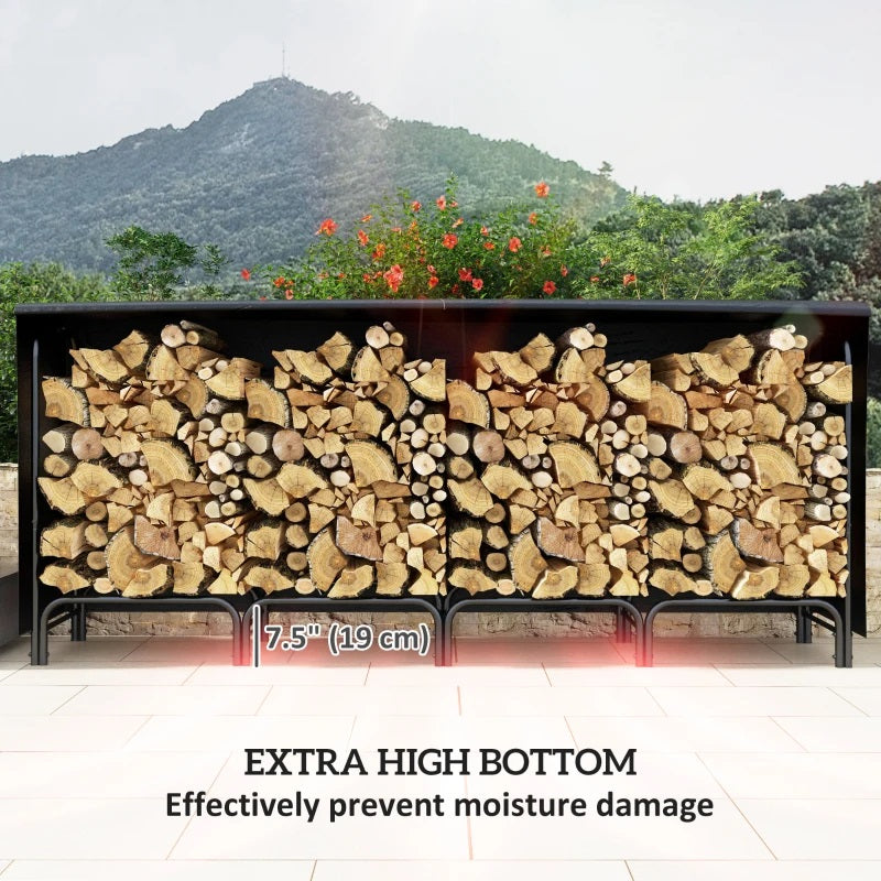 8ft Outdoor Firewood Storage Rack with Protective Cover and Log Carrier