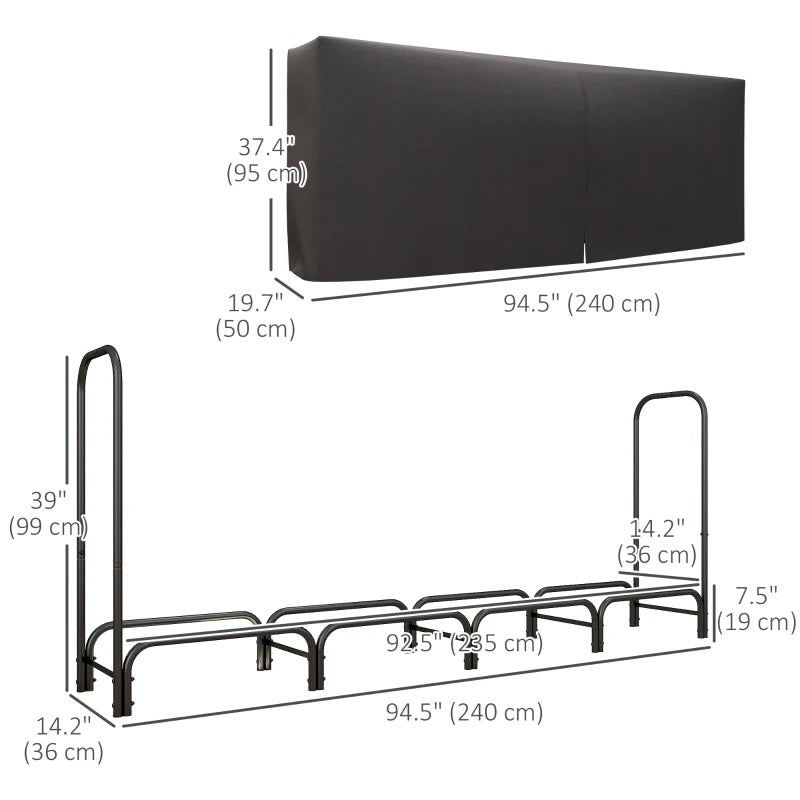 8ft Steel Outdoor Firewood Rack with Adjustable Length and Weather Protection Cover