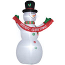 Inflatable snowman with a red 'Merry Christmas' scarf on a white background