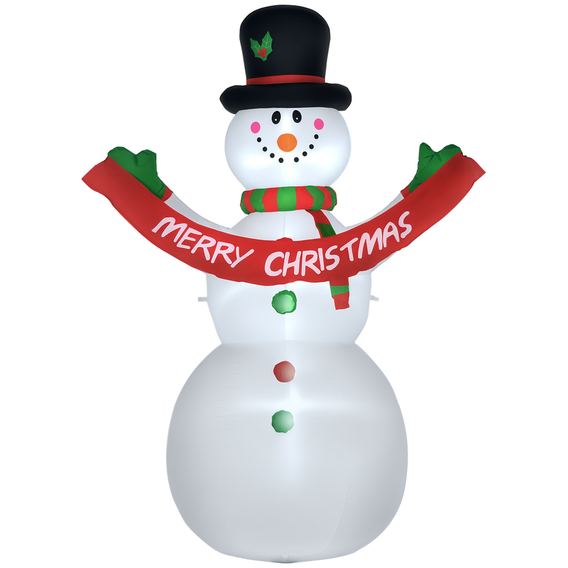 Inflatable snowman with a red 'Merry Christmas' scarf on a white background