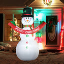 Inflatable snowman with a 'Merry Christmas' scarf in front of a festively decorated house.