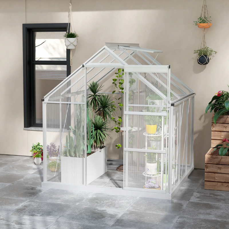 6' x 6' Walk-In Aluminum Frame Greenhouse, Polycarbonate Panels, Sliding Door - Silver