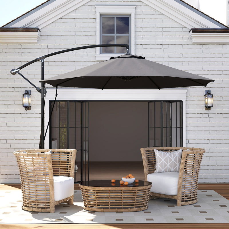 Patio Umbrellas, 9.5' Cantilever Patio Umbrella with Crank Open and Wind Protection Straps - Grey - Seasonal Overstock