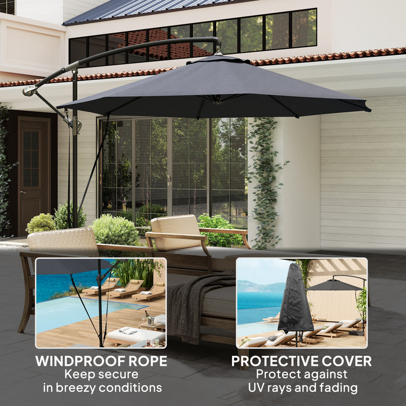 Patio Umbrellas, 9.5' Cantilever Patio Umbrella with Crank Open and Wind Protection Straps - Grey - Seasonal Overstock