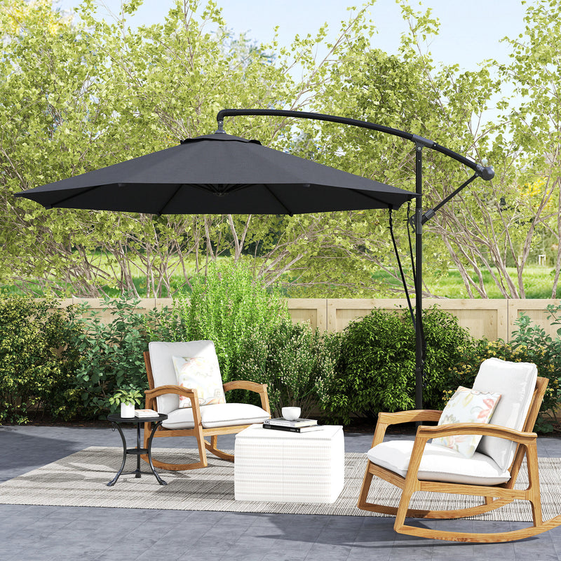 Patio Umbrellas, 9.5' Cantilever Patio Umbrella with Crank Open and Wind Protection Straps - Grey - Seasonal Overstock