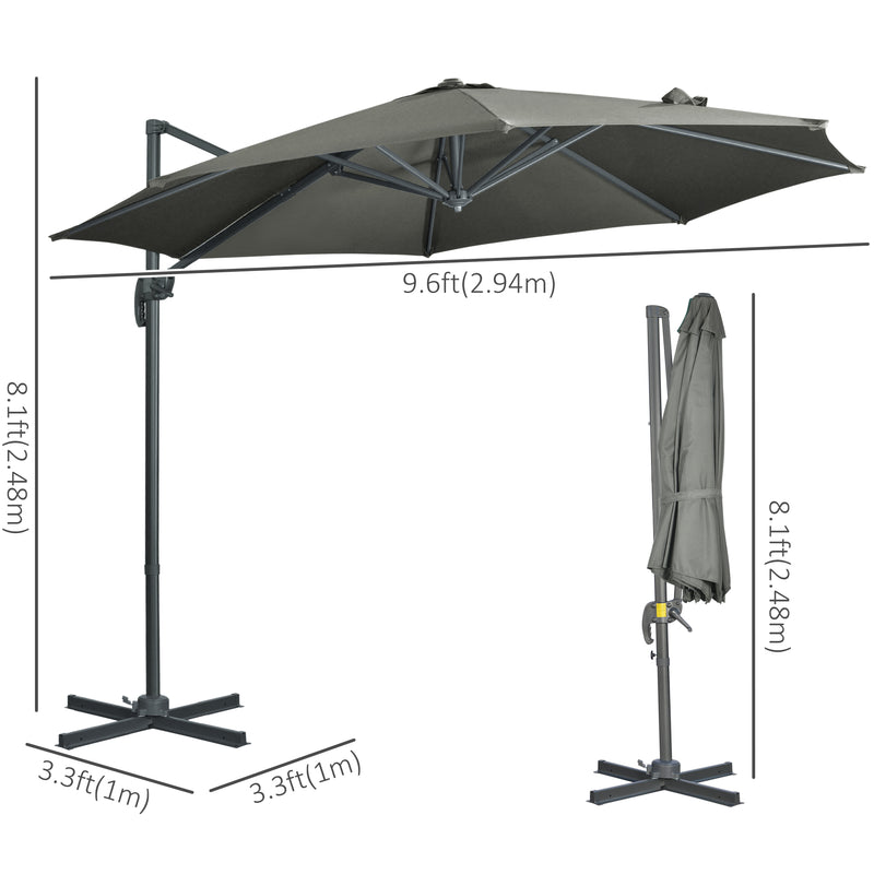 Patio Umbrellas, 9.6ft Cantilever Patio Umbrella Hanging Offset Aluminum Pole with 360° Rotation and Crank Open - Grey - Seasonal Overstock