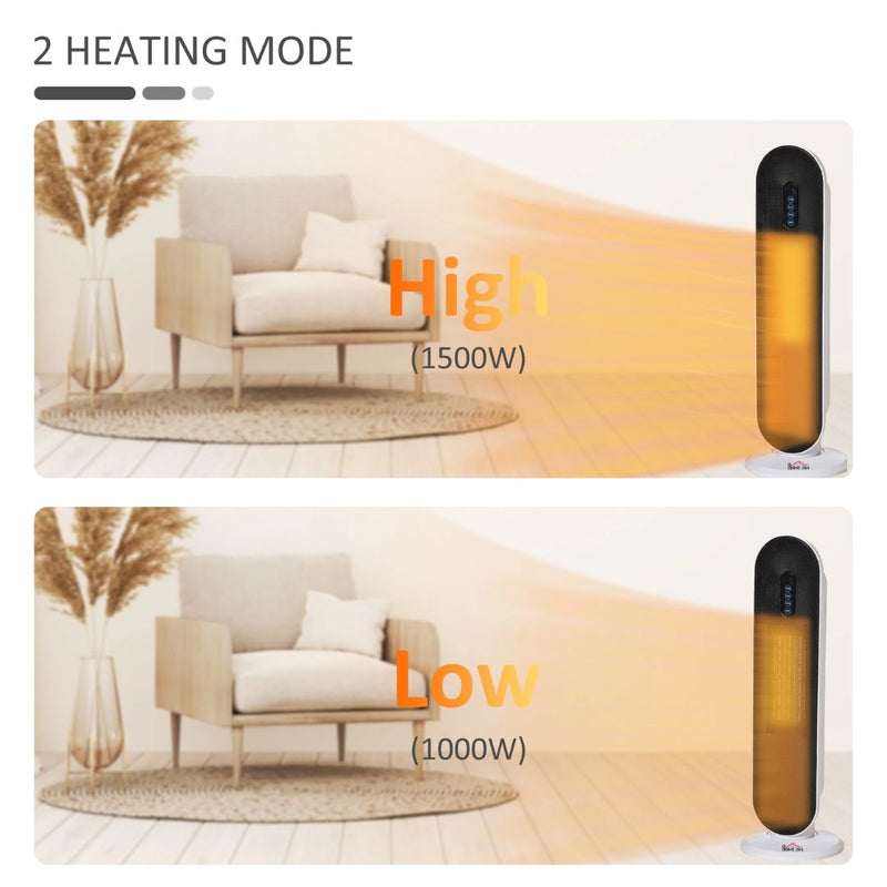 Oscillating Ceramic Space Heater Tower with Remote Control 24H Timer 1500W / 1000W