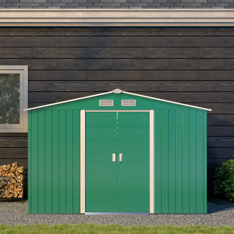 9' x 6.4' Outdoor Garden Storage Shed with Dual Sliding Doors - Green