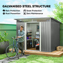 Man with a bicycle in front of a metal garden shed with text highlighting how durable it is