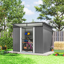 6.5x9ft gray metal garden shed for tools with a bicycle inside, surrounded by greenery.