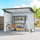 Metal storage shed with a bicycle, ladder, and shelves outdoors on a clear day.