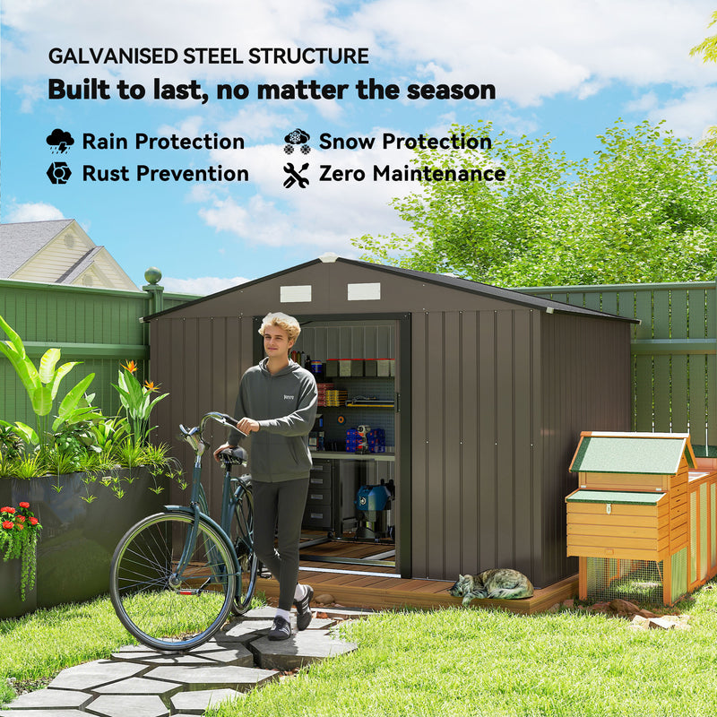 9' x 6.4' Outdoor Garden Storage Shed with Dual Sliding Doors - Dark Brown