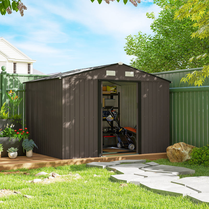 9' x 6.4' Outdoor Garden Storage Shed with Dual Sliding Doors - Dark Brown