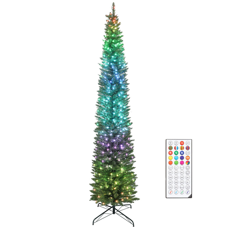 9ft Skinny Artificial Christmas Tree with Synchronized LED Lights, Remote and Timer - Green