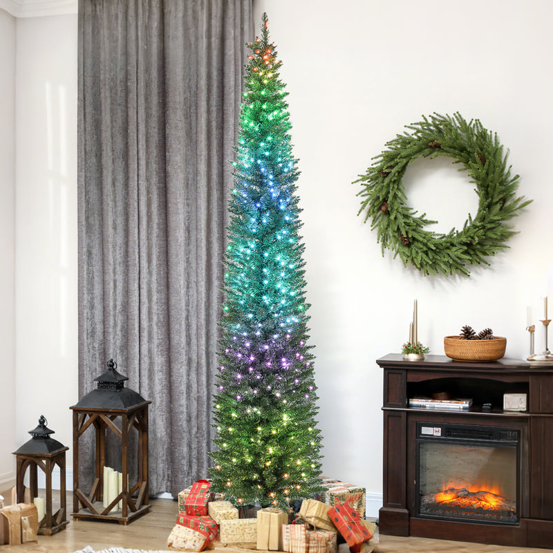 9ft Skinny Artificial Christmas Tree with Synchronized LED Lights, Remote and Timer - Green