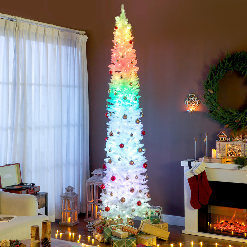 9ft Skinny Artificial Christmas Tree with Synchronized LED Lights, Remote and Timer - White