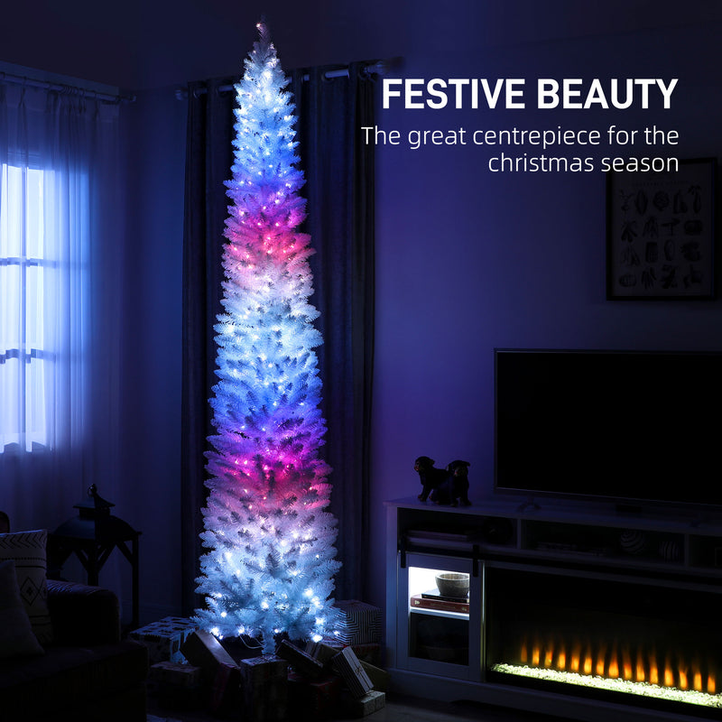 9ft Skinny Artificial Christmas Tree with Synchronized LED Lights, Remote and Timer - White