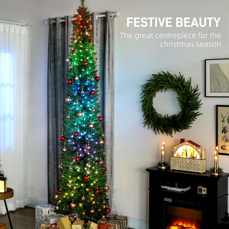 9ft Skinny Artificial Christmas Tree with Synchronized LED Lights, Remote and Timer - Green