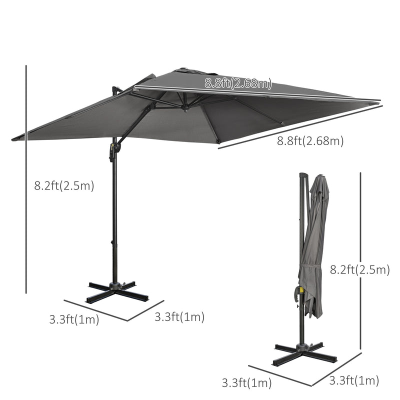 Patio Umbrellas, 9ft Square Offset Cantilever Umbrella with Aluminum Frame, 360° Rotation, Crank Handle and Tilt - Dark Grey - Seasonal Overstock