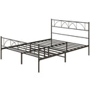 Queen size black metal bed frame on a white background