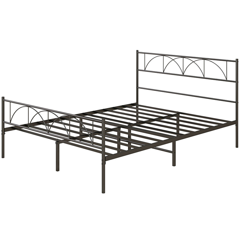 Queen size black metal bed frame on a white background