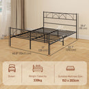 Black queen size metal bed frame with dimensions on a wooden floor