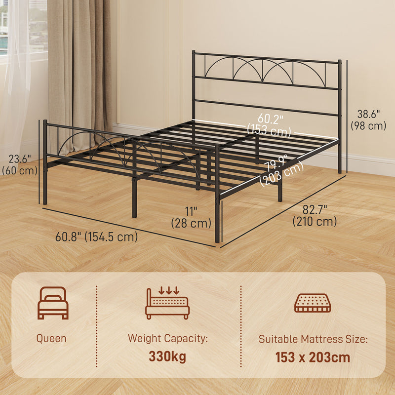 Black queen size metal bed frame with dimensions on a wooden floor