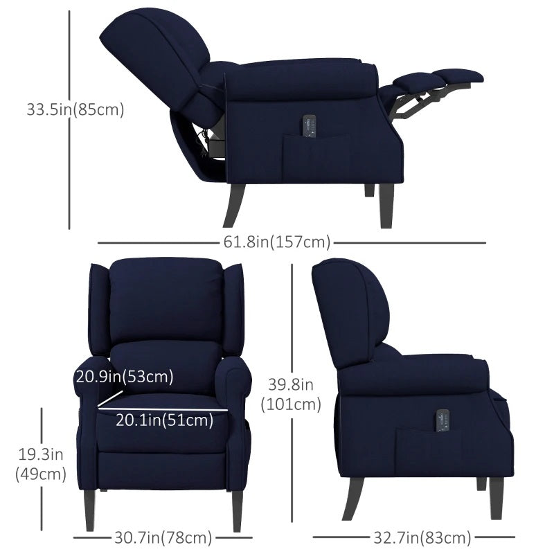 Ander Manual Push Reclining Chair with Vibration Massage - Blue