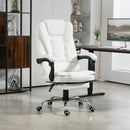 White office chair in a modern office setting with wooden shelves and a desk.