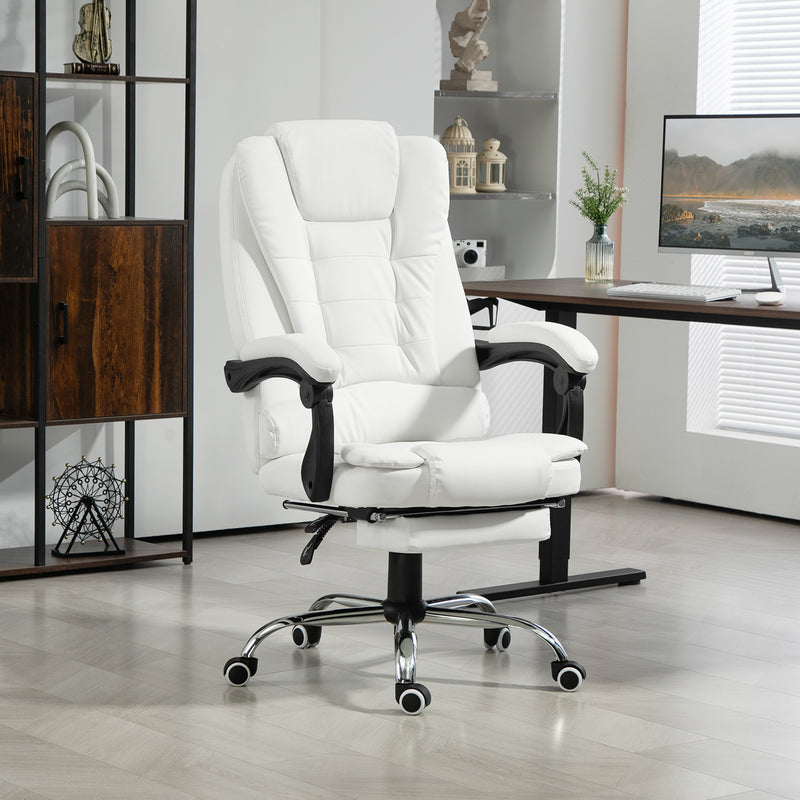 White office chair in a modern office setting with wooden shelves and a desk.