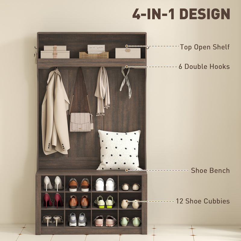 Atlanta 4-in-1 Hall Tree with 6-Hooks, Shelf, Bench and 12-Pair Shoe Cubbies - Dark Brown