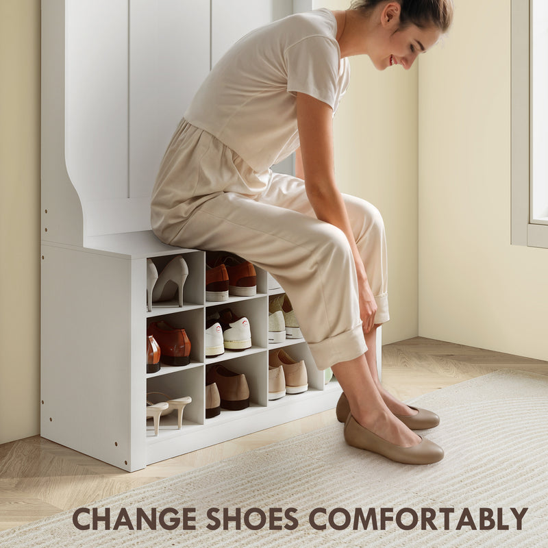 Atlanta 4-in-1 Hall Tree with 6-Hooks, Shelf, Bench and 12-Pair Shoe Cubbies - White