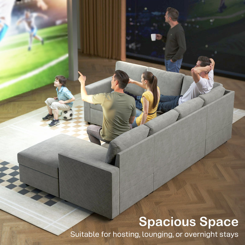 Living room with a large sectional sleeper sofa and people watching TV, with text 'Spacious Space' at the bottom.