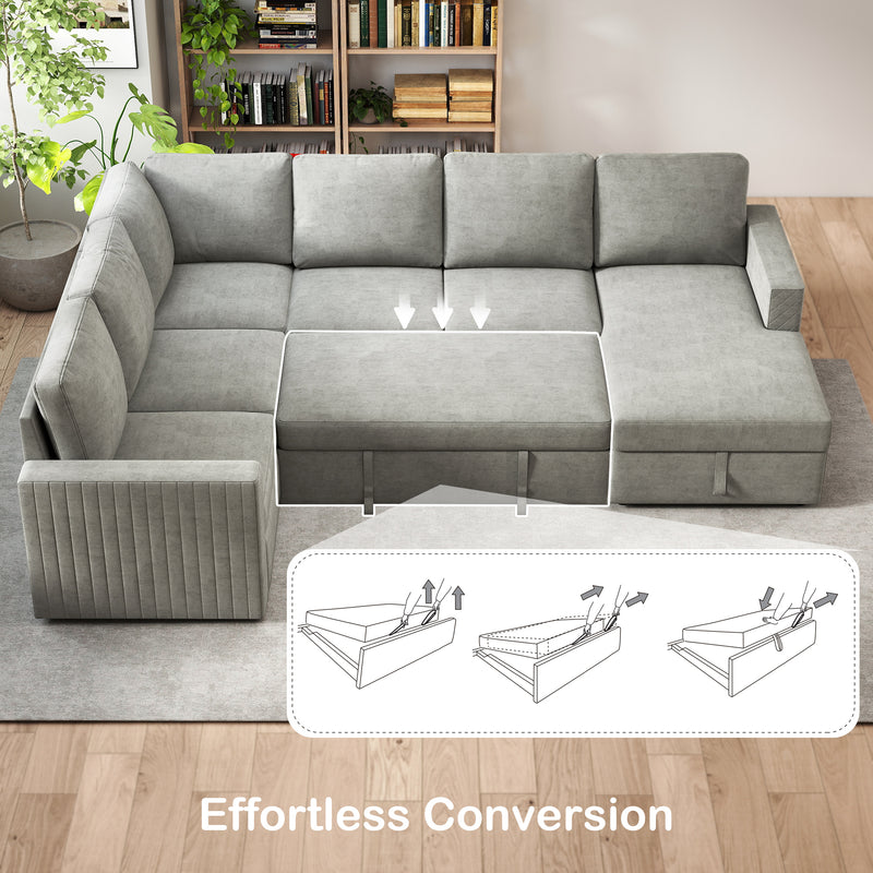 Gray sectional sofa with conversion options shown, placed in a room with a bookshelf and plants.